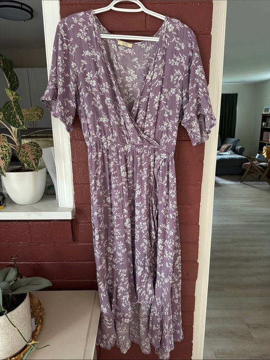 Kori Dresses & Skirts - Kori Purple Floral Wrap Hi-Lo Ruffle Bottom Dress Medium